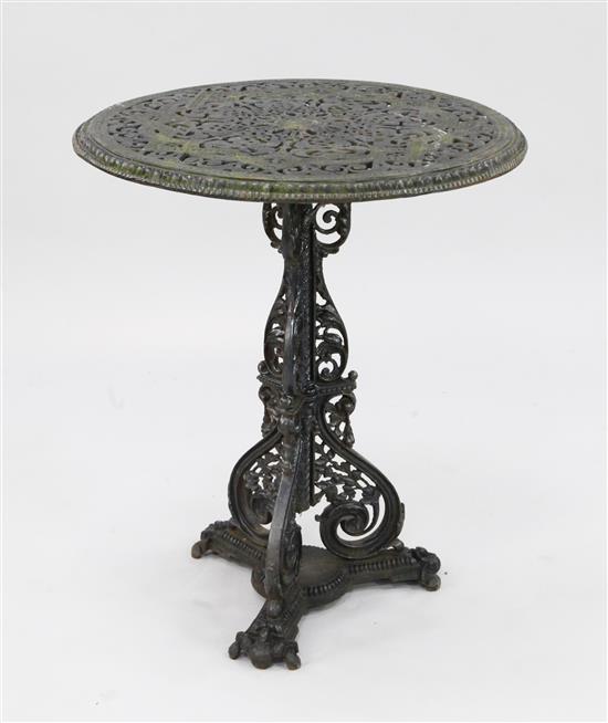 A Victorian pierced cast iron circular garden table, possibly Falkirk Foundry, W.2ft H.2ft 5in.